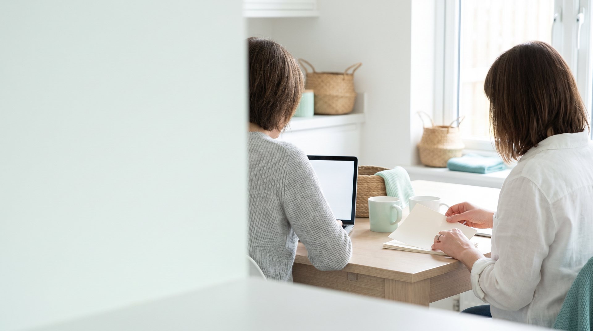A Neatly declutterer and her client working side by side at a kitchen table, sorting papers together.
