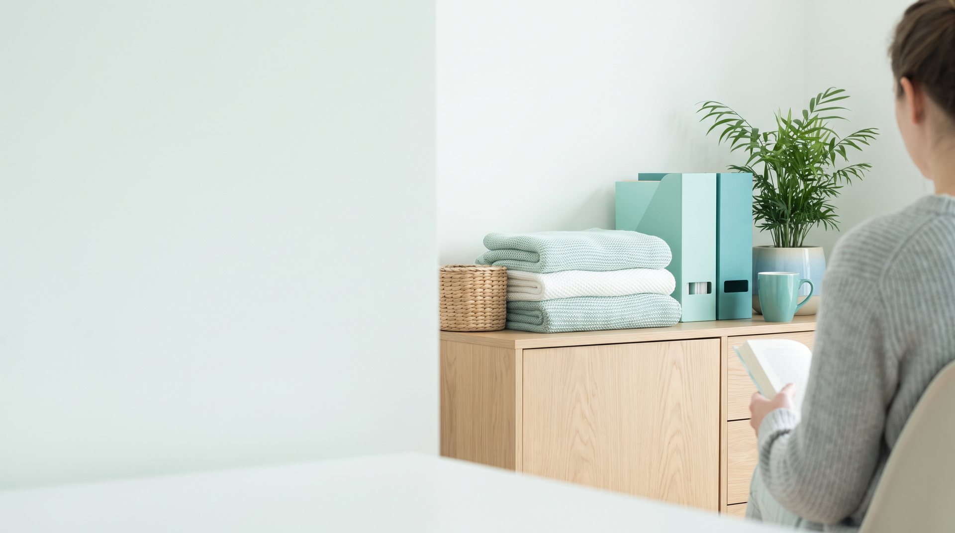 A woman in her wheelchair putting a folded mint throw onto a tidy oak sideboard at home.